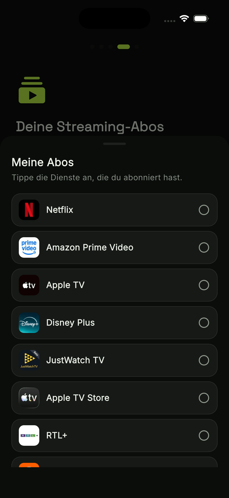 watchUp subscription picker with streaming services like Netflix, Prime Video and Disney Plus