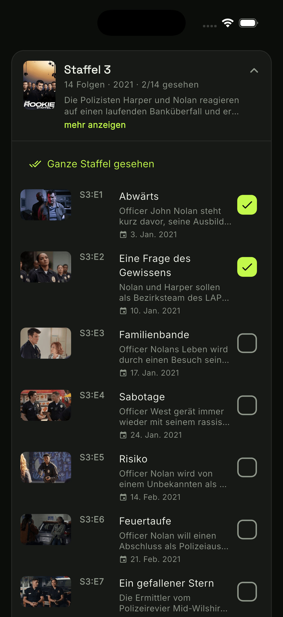watchUp episode list with ticked-off episodes and „whole season watched"