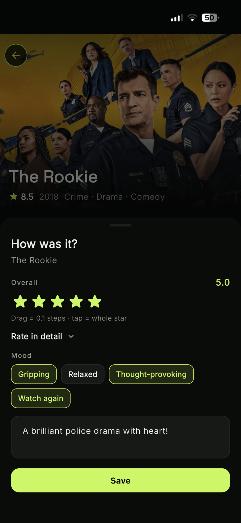 watchUp rating: stars, mood tags and your own note on a show