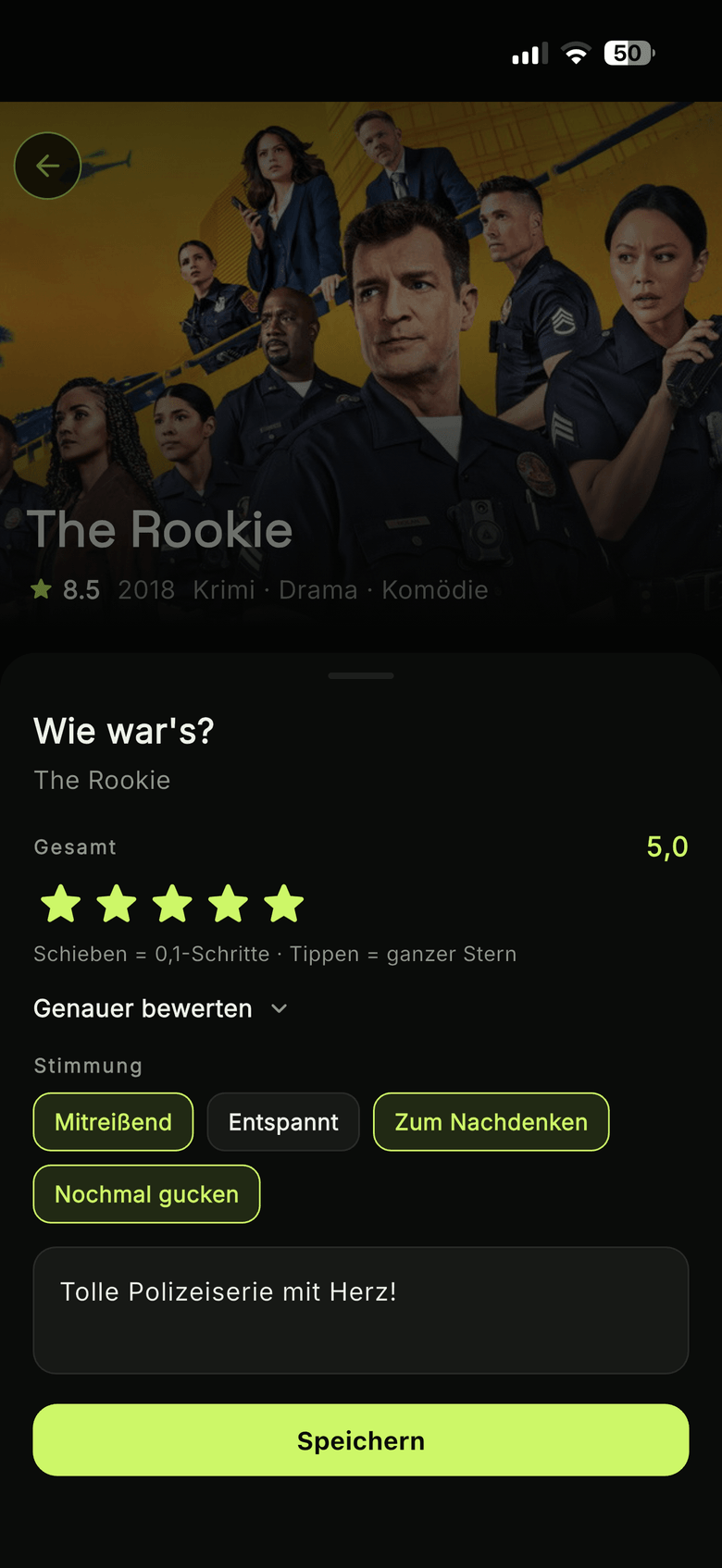 watchUp Bewertung: Sterne, Stimmungs-Schlagworte und eigene Notiz zu einer Serie