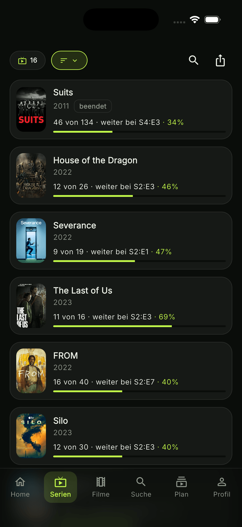 watchUp series list with a progress bar and next episode per show