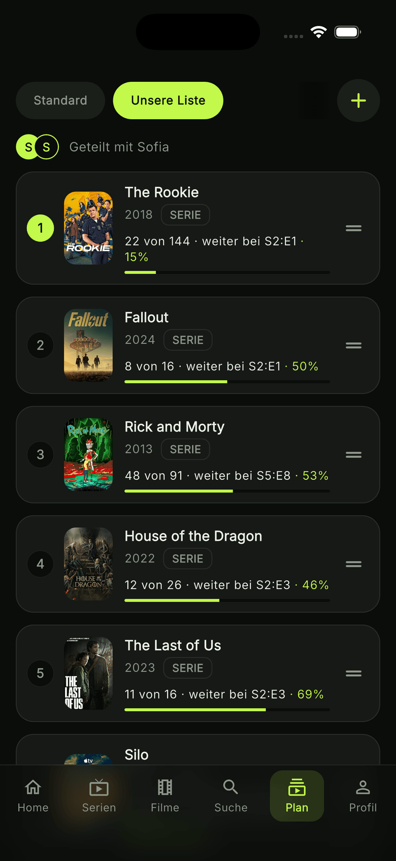 watchUp watch plan: numbered list with progress, sortable by drag & drop