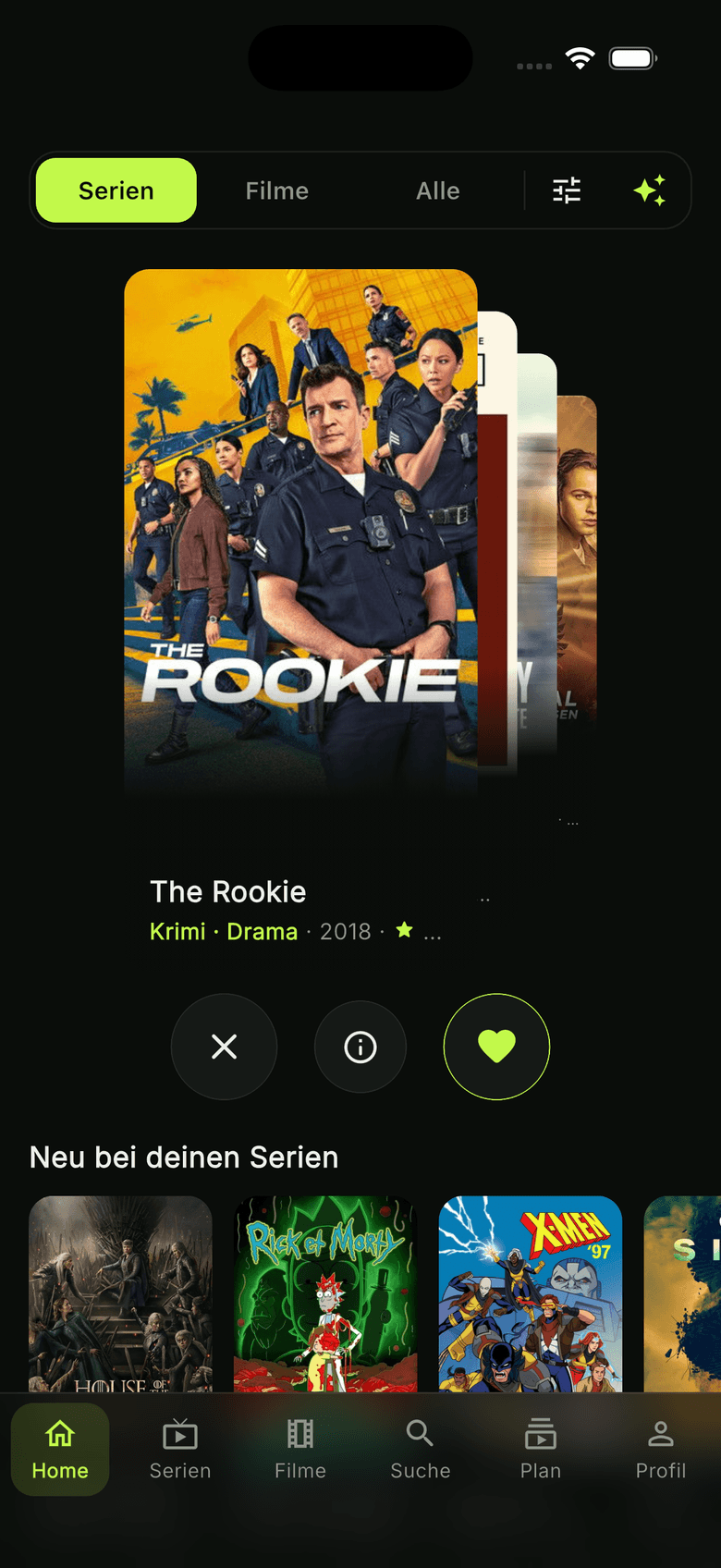 watchUp swipe deck: add The Rookie to your watchlist with one swipe